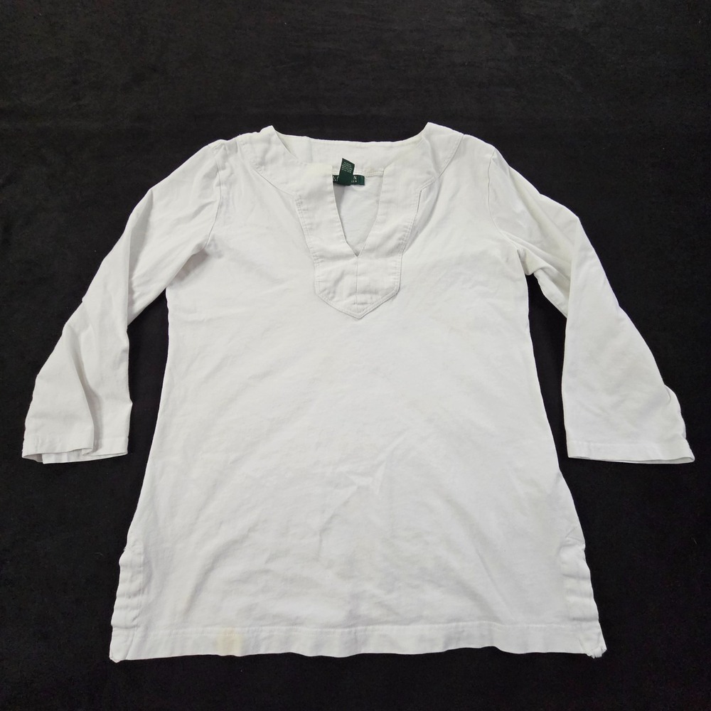 Lauren Ralph Lauren White 3/4 Sleeve V-Neck Cotton Top Women's M